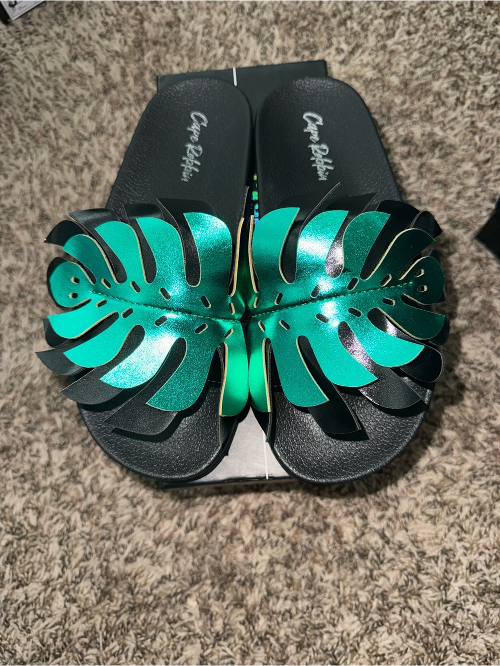 Cape Robbin Teal Metallic Leaf Slide Sandals